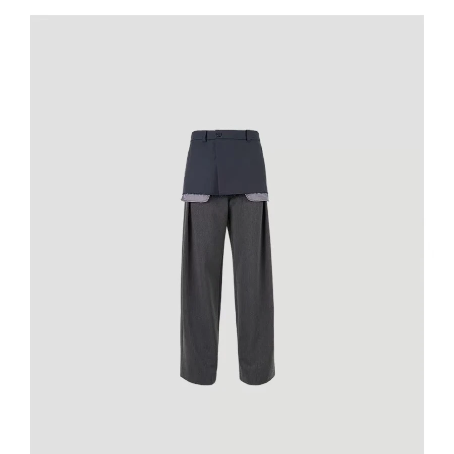 YOEYYOU层叠撞色长裤2026春新款层次感裙裤宽松直筒灰色休闲裤女