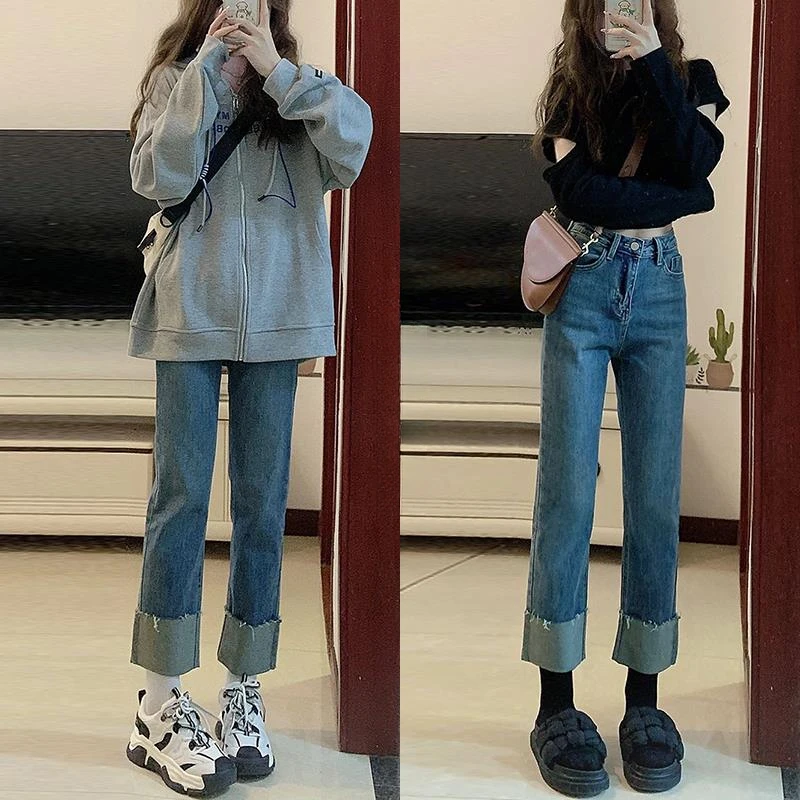 大码翻边直筒牛仔裤女春秋加绒胖mm显瘦梨形身材小个子卷边烟管裤