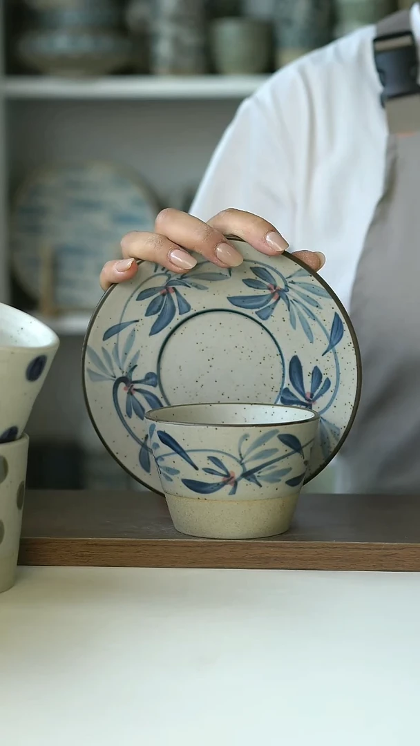 青花手作手绘常春藤猪口杯定制碟组合@4-2@