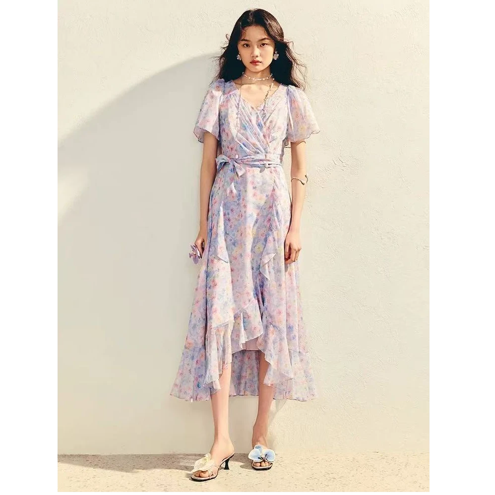 MAXRIENY度假风印花雪纺连衣裙精致浪漫茶歇裙收腰压褶不规则设计