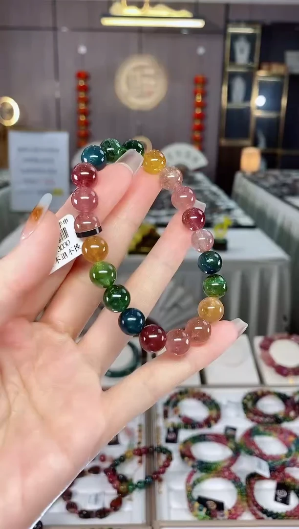 老矿碧玺色标彩虹透体单圈手串9mm未镶嵌碧玺dan一物一证