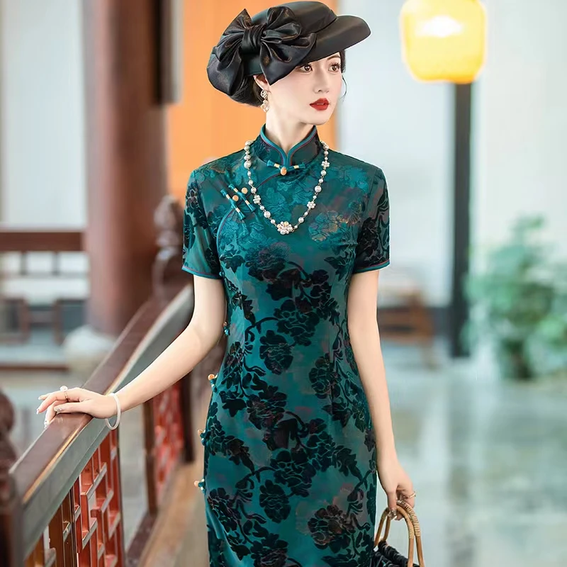 高端冬青蓝中国风旗袍长款高贵修身显瘦女装高级感新中式日常