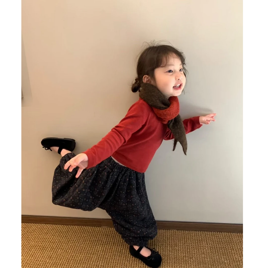 壹妈韩版童装女童秋季套装洋气儿童纯色打底衫长袖上衣碎花阔腿裤