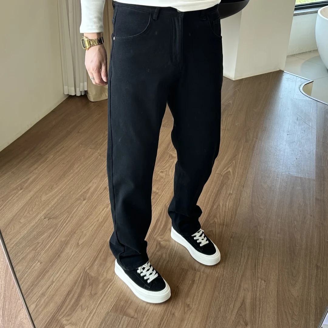 潮牌黑色加绒牛仔裤男士宽松直筒男裤美式高街2025新款秋冬季长裤