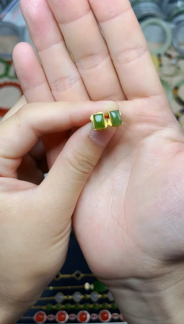 和田玉银S925镶嵌耳饰06小方块耳钉