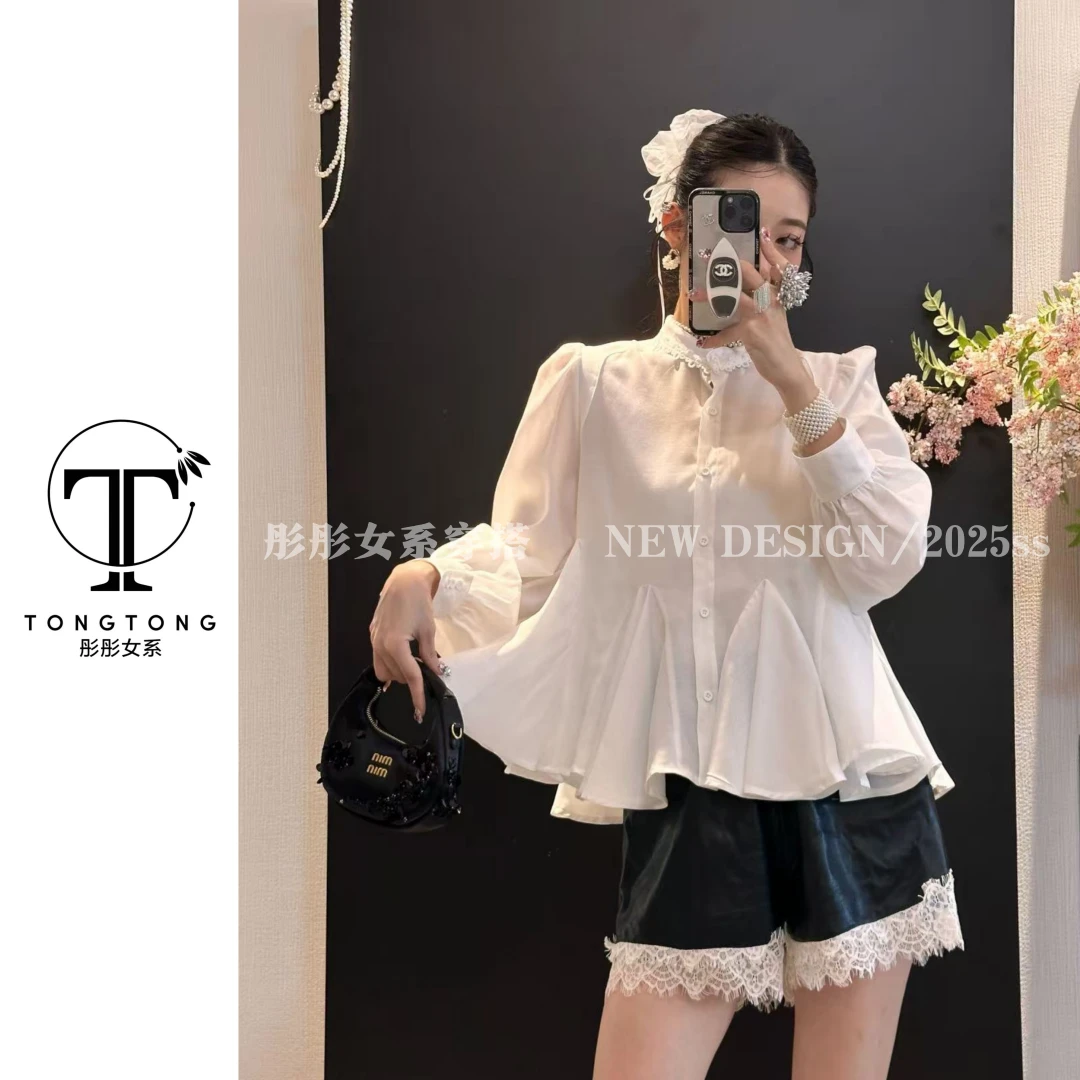 TongTong女系 长袖衬衫泡泡袖甜美女装秋季常规款纯色宽松型拼接