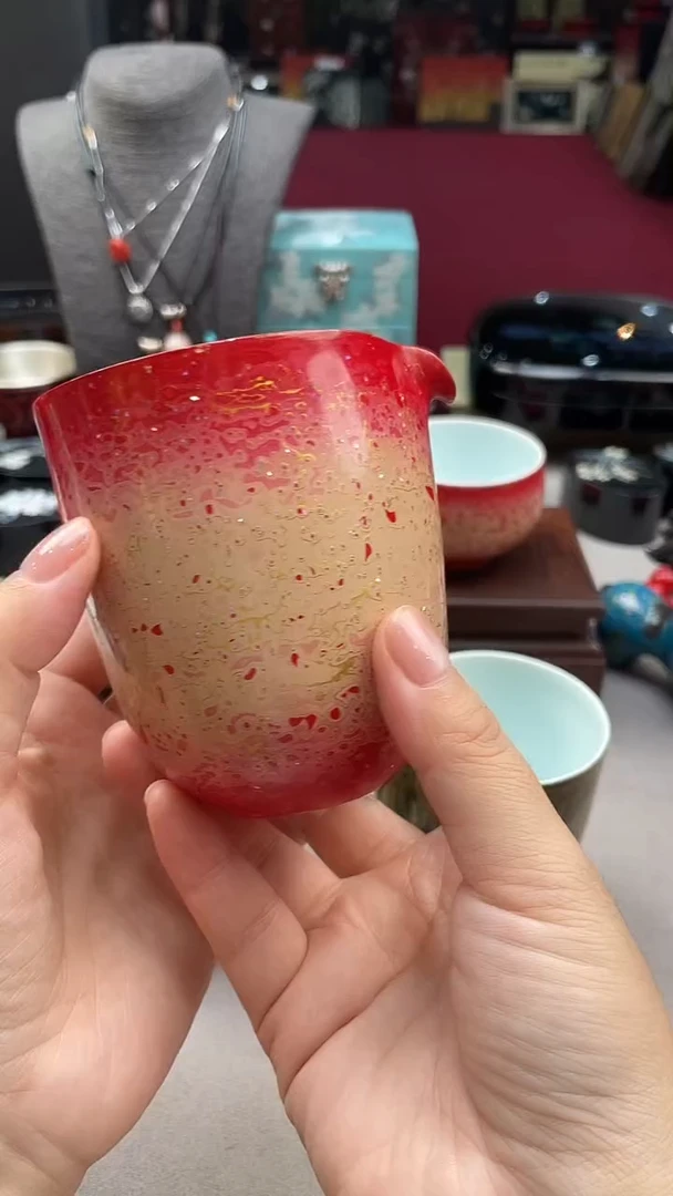 扬州漆器犀皮漆套装杯粉色