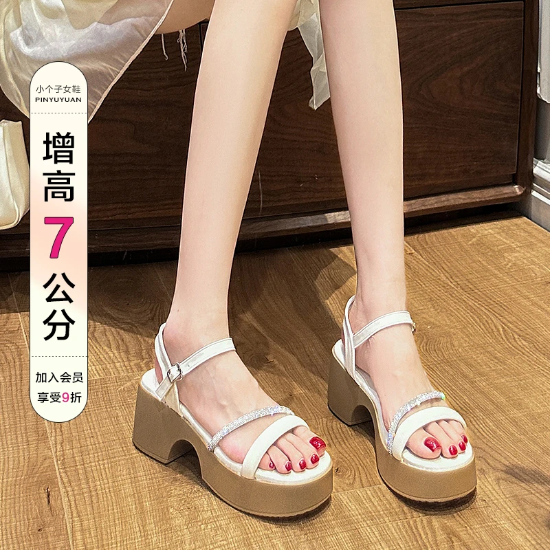 品语媛7cm小码厚底凉鞋女3233夏季小个子增高一字带水钻休闲凉鞋