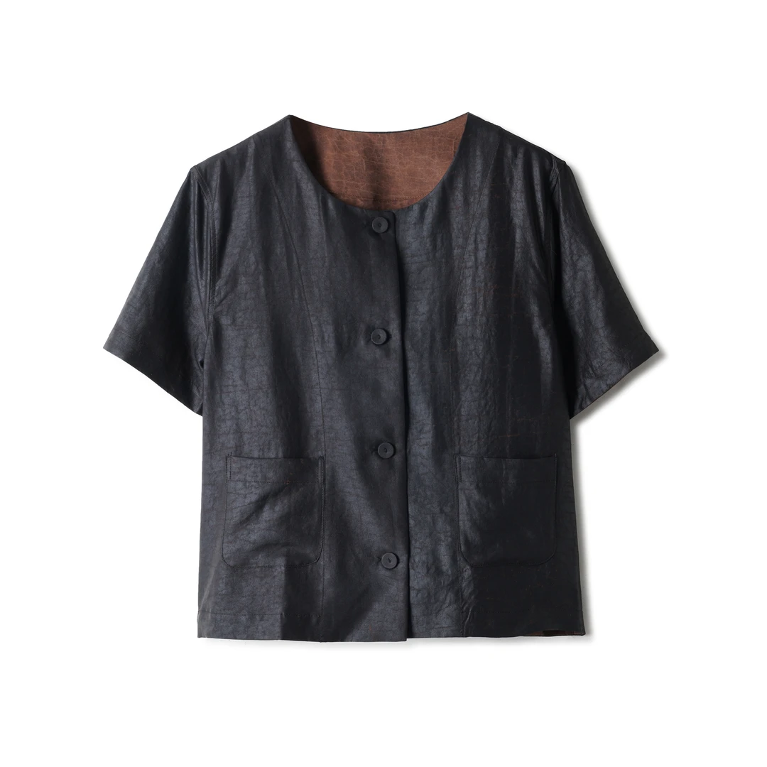 【迪小奥】满分桑蚕丝香云纱 龟裂纹双面双穿短袖外套DX24AS042