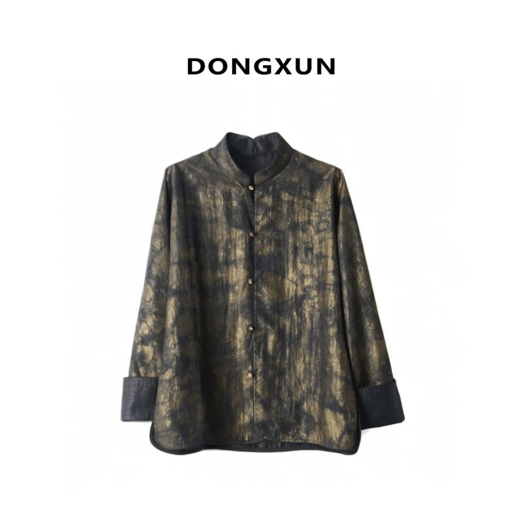 【黑金】百分百桑蚕丝双面穿鎏金龟裂纹长袖外套DX24AW016