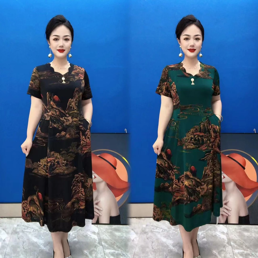 134-山水画双兜妈妈连衣裙