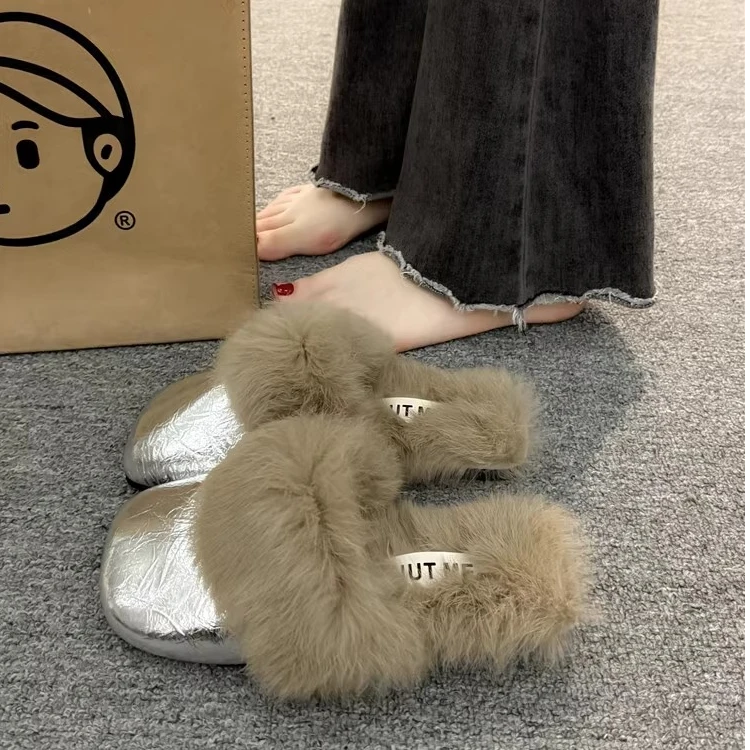 平底毛毛包头拖鞋女秋冬高级感外穿2024新款小香风室内保暖棉拖鞋