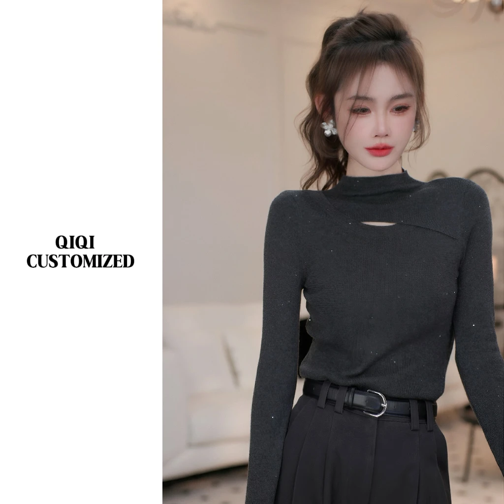 【戚戚高级定制】秋冬女气质设计感半高领镂空亮闪超弹打底衫#0488