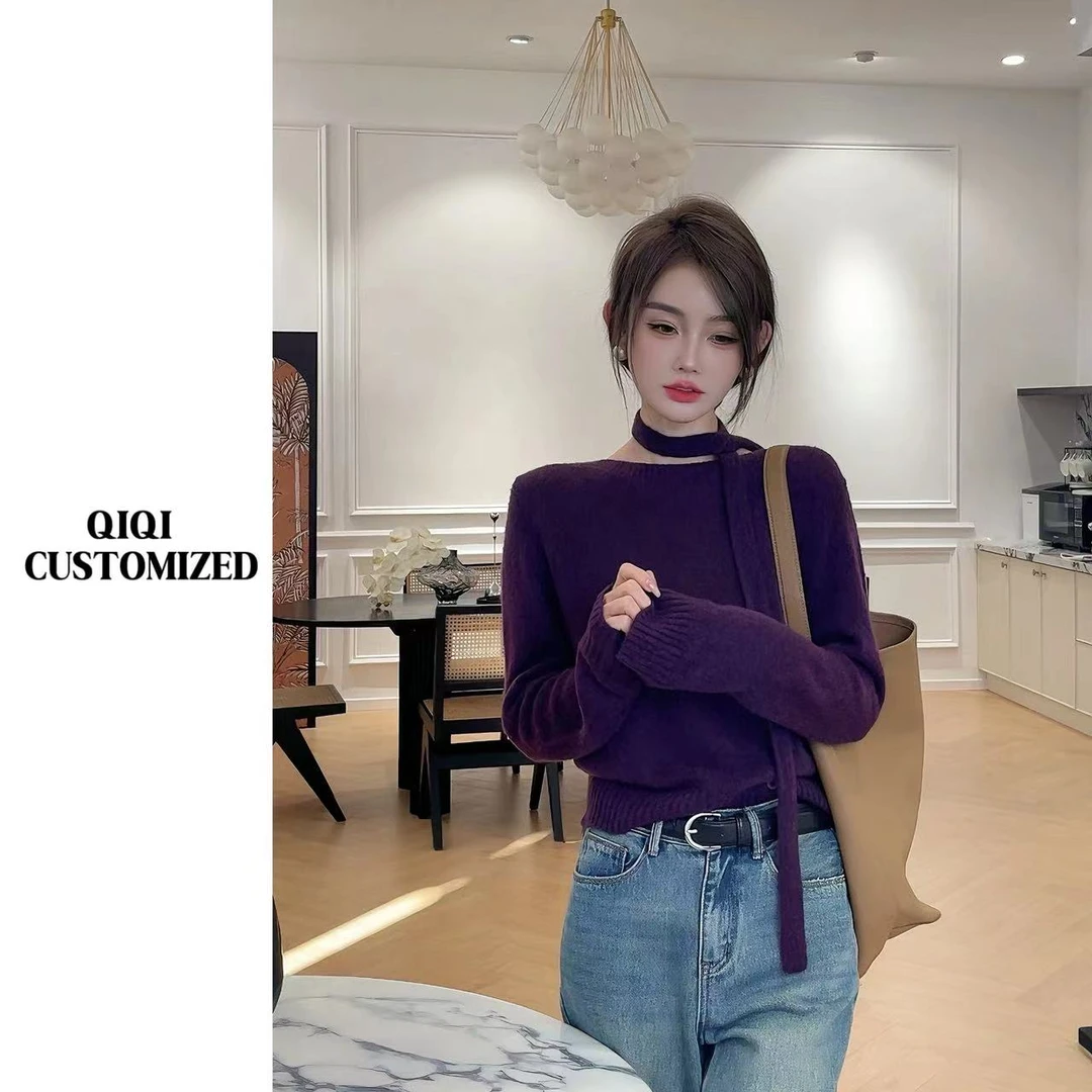 【戚戚高级定制】秋季女氛围慵懒感时尚飘带骆马绒毛衣#2733