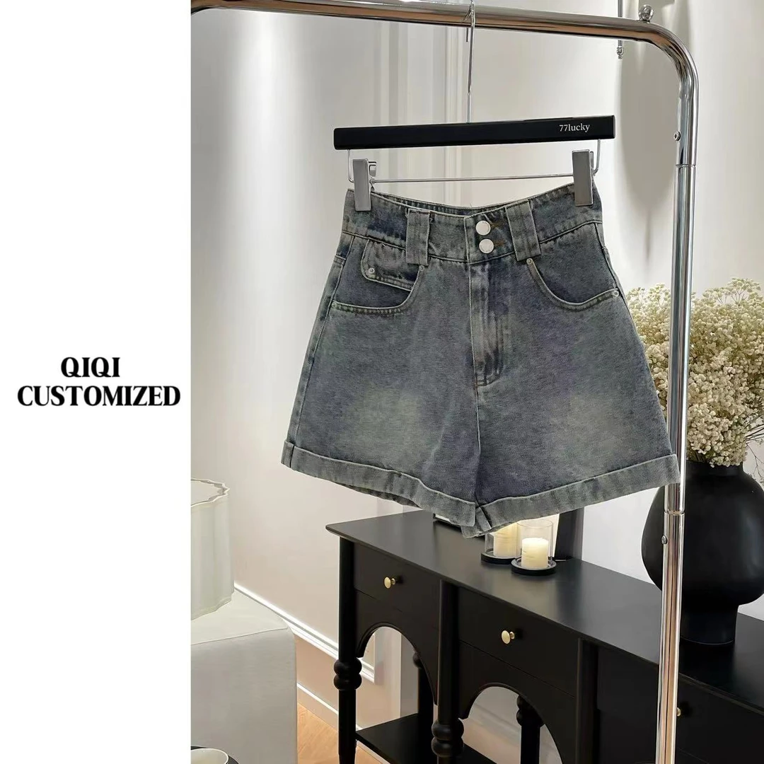 【戚戚高级定制】夏季女简约百搭高腰双扣显瘦卷边牛仔短裤#99050