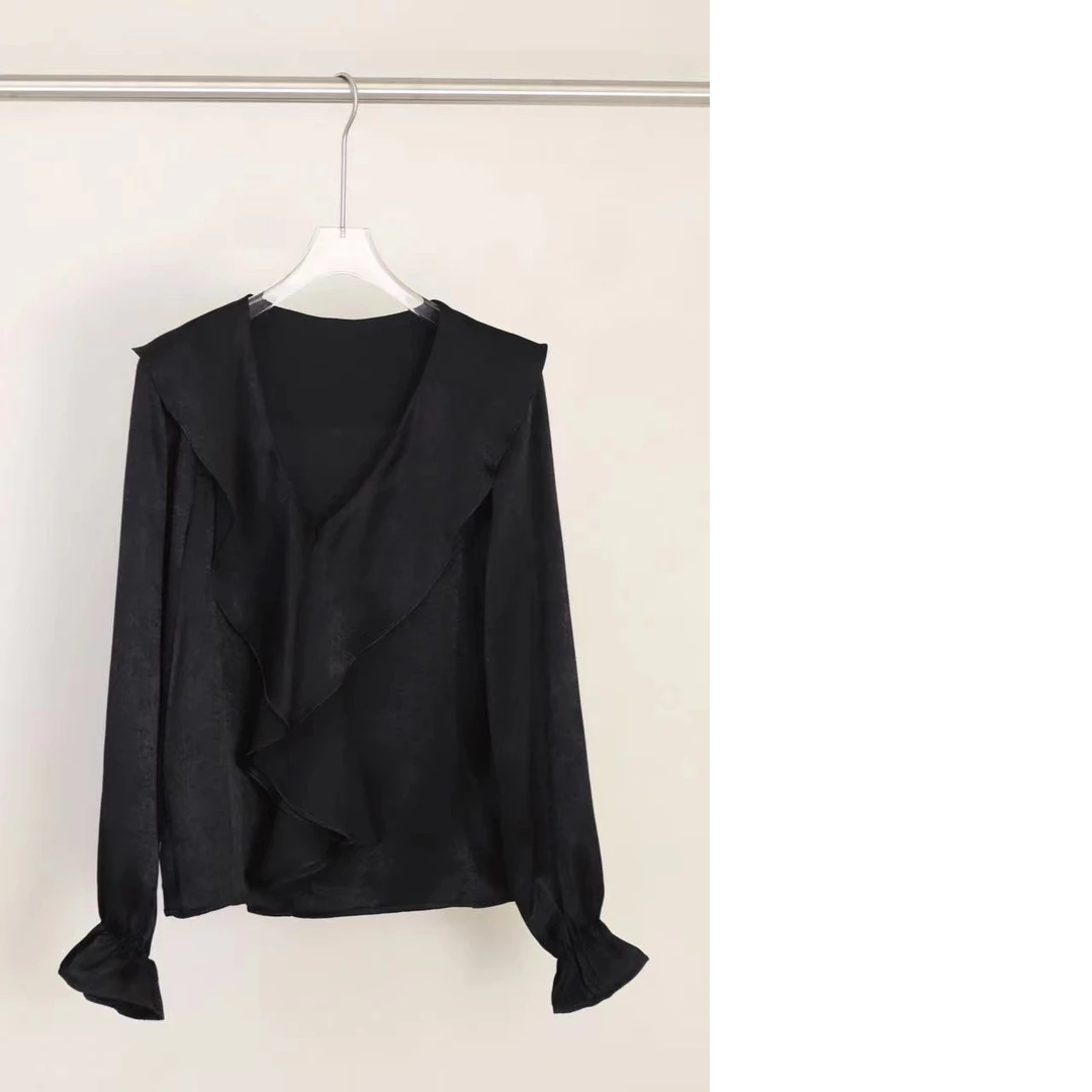 【戚戚高级定制】西西里岛-早春女时尚气质单层荷叶边V领小衫#86011