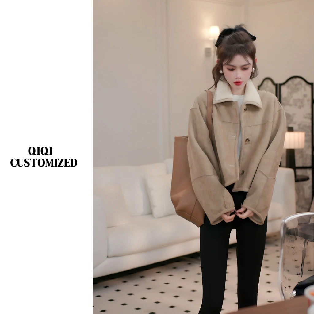 【戚戚高级定制】秋冬双面穿鹿皮绒短款加绒加厚皮毛一体外套#7311