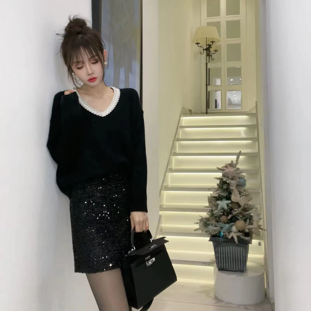 【戚戚定制】柔珠小姐-秋冬女撞色气质V领宽松显瘦针织衫#91281