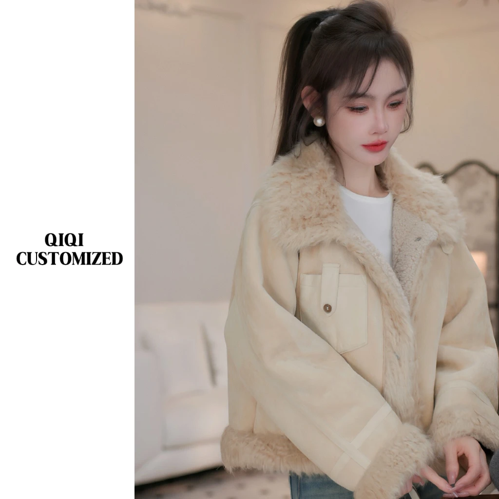 【戚戚高级定制】冬季女韩系甜酷感机车风立领毛毛领皮毛一体#86622