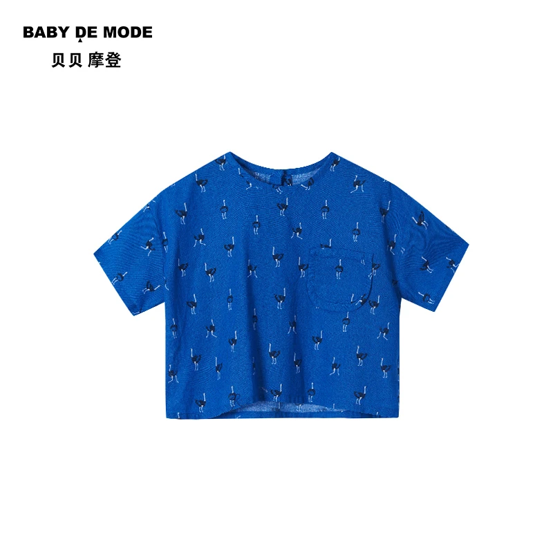 贝贝摩登童装男童短袖T恤小圆口袋火烈鸟印花圆领套头上衣W24FB02
