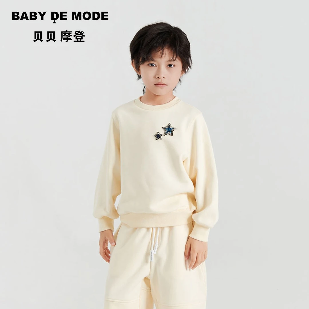 贝贝摩登童装2023春夏新品男女童贴布绣经典圆领套头衫Y23UL24