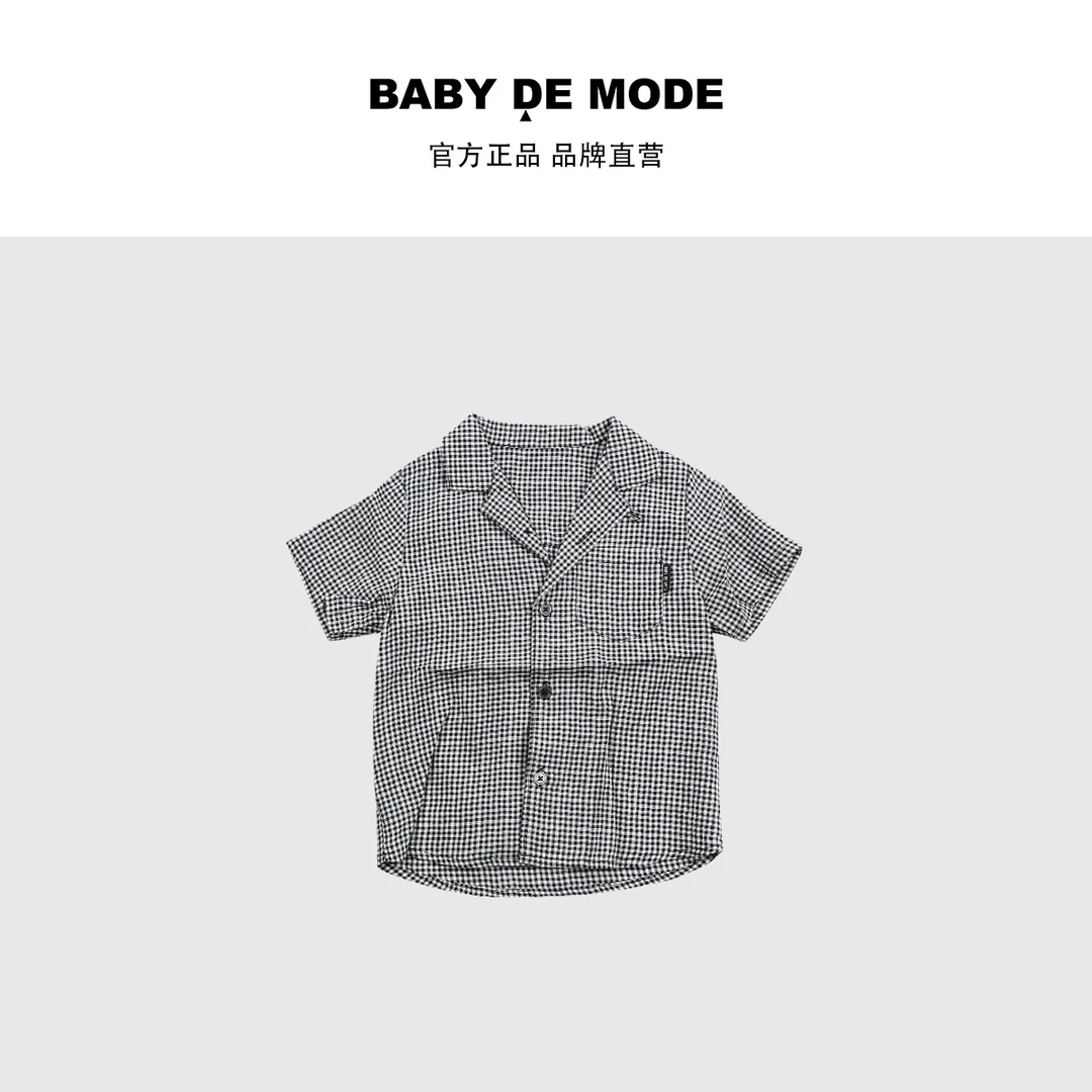 贝贝摩登男童短袖格子衬衫棉麻休闲百搭上衣W24FB02B