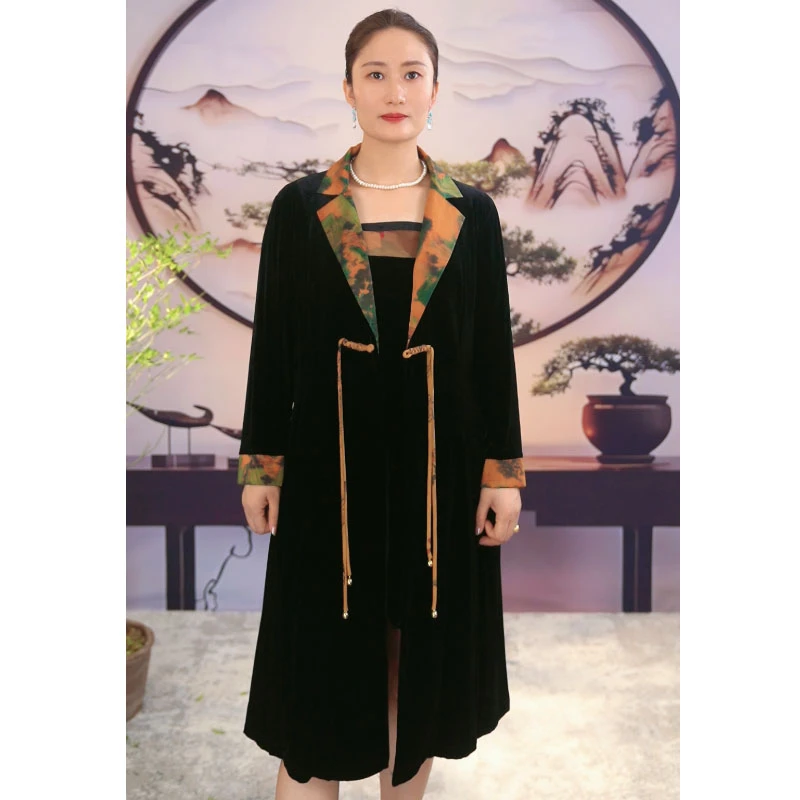 【冰蚕锦】丝绒香云纱气质收腰显瘦拼接中长款风衣外套