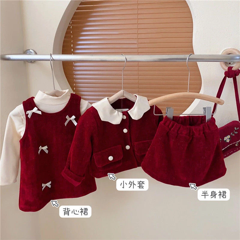 新年女童亮丝蝴蝶结加绒背带裙宝宝保暖外套休闲时尚红色半身裙潮