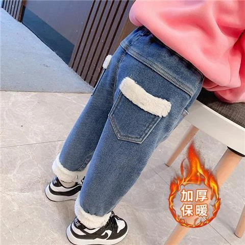 女童加绒牛仔裤秋冬女宝宝洋气一体绒小童加厚款女宝裤子冬款外穿