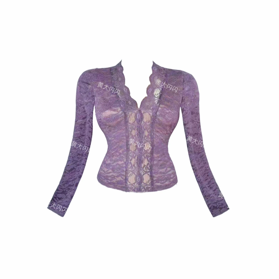 闪闪推荐【小姨】新款随拍纯欲植绒拼蕾丝小众百搭双层上衣SSQ1111