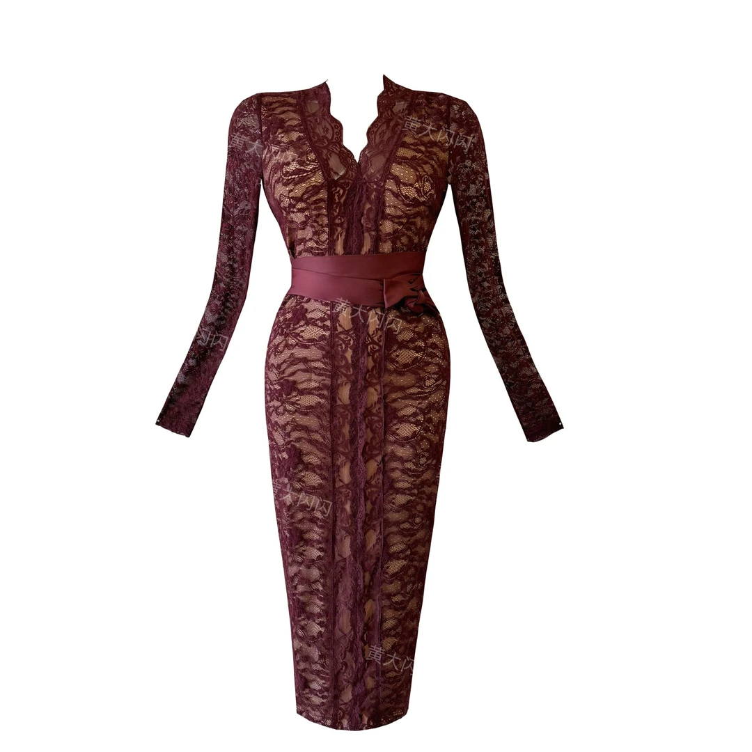 闪闪推荐【小姑妈】随拍气质有弹力蕾丝纯欲长袖连衣裙SSQ1111