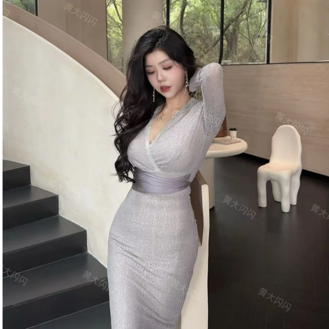 闪闪推荐【玉瓷】随拍气质有弹力蕾丝纯欲长袖连衣裙SSY1255