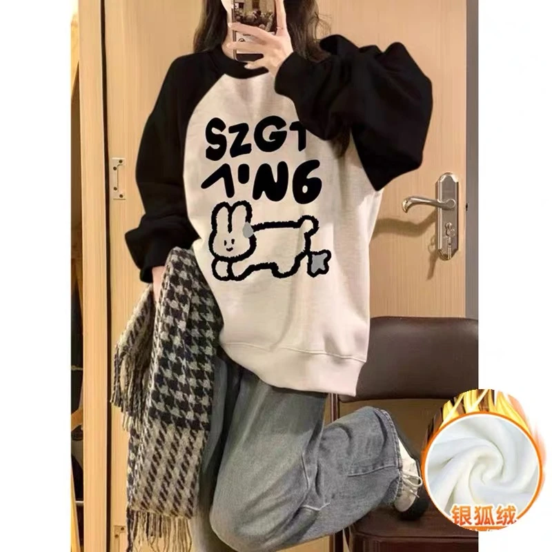 女大童秋冬装圆领加绒卫衣12-18岁初高中学生洋气宽松中长款上衣