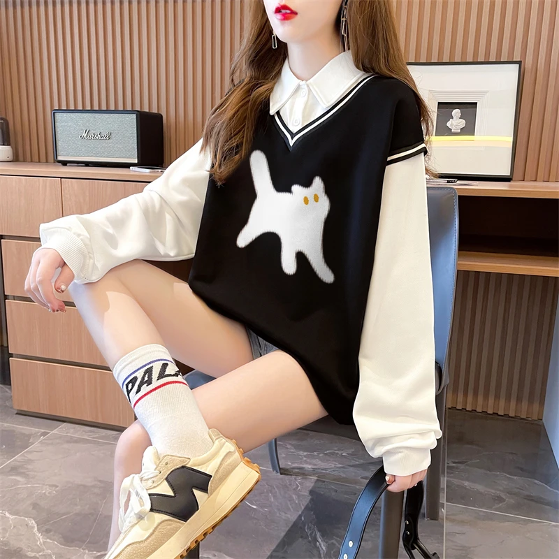 学生POLO领卫衣12女童13大童春秋长袖14青少年15少女生假两件上衣