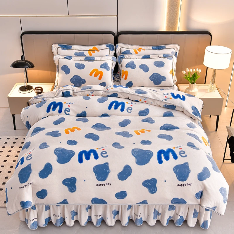 织纬8-8.5斤加厚牛奶绒印花四件套床裙款抗静电防滑被套保暖加绒