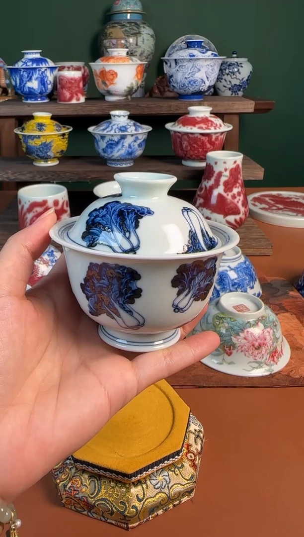 【闪购商品】杯水造 青花白菜 盖碗