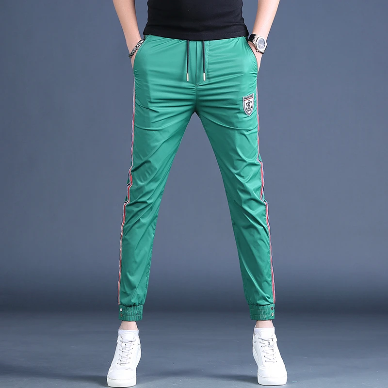 潮牌休闲裤男冰丝男款长裤男裤小脚裤绿色卫裤男装运动裤79K2130