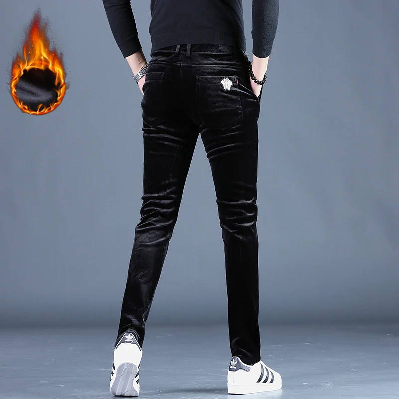 高级感男士休闲裤冬季新款保暖商务男裤修身弹力灯芯绒纯色西裤男