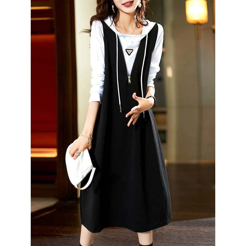 2023春秋新款假两件宽松大码连衣裙洋气减龄遮肉显瘦时尚气质