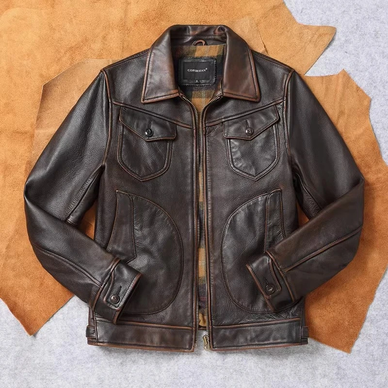 美式复古头层牛皮夹克双色水洗石磨做旧真皮皮衣男机车翻领外套潮