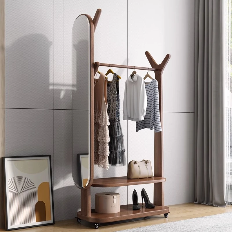 胡桃木全身穿衣镜挂衣架一体可旋转落地镜子家用实木试衣镜衣帽架