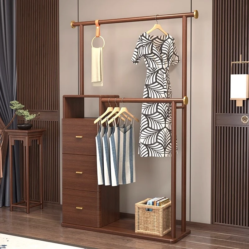 实木挂衣架落地卧室带抽屉收纳衣服架轻奢客厅衣帽架储物柜置物架
