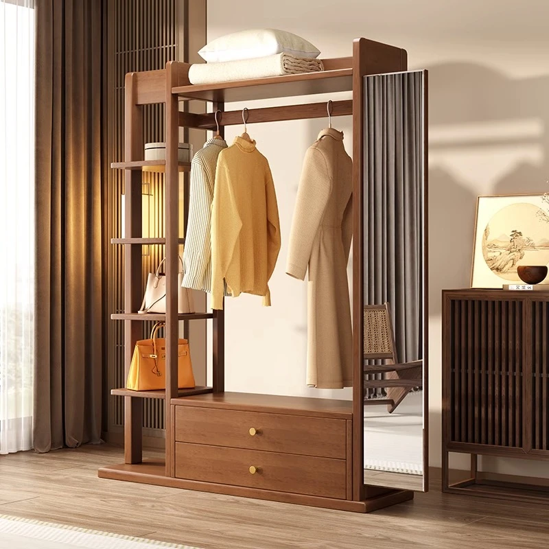 实木挂衣架穿衣镜一体衣帽架带镜子落地卧室全身镜多功能收纳架子