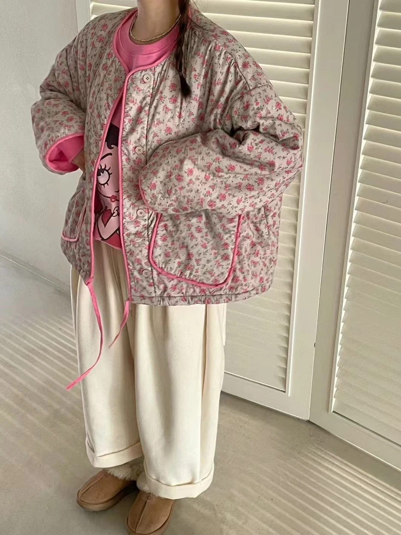 韩国东大门无领内里粉色毛毛小花外套(不支持退换)
