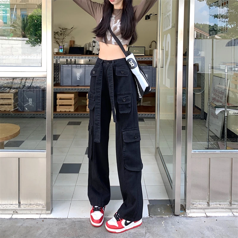 工装牛仔裤女春秋小个子设计感小众多口袋美式高腰显瘦直筒阔腿裤