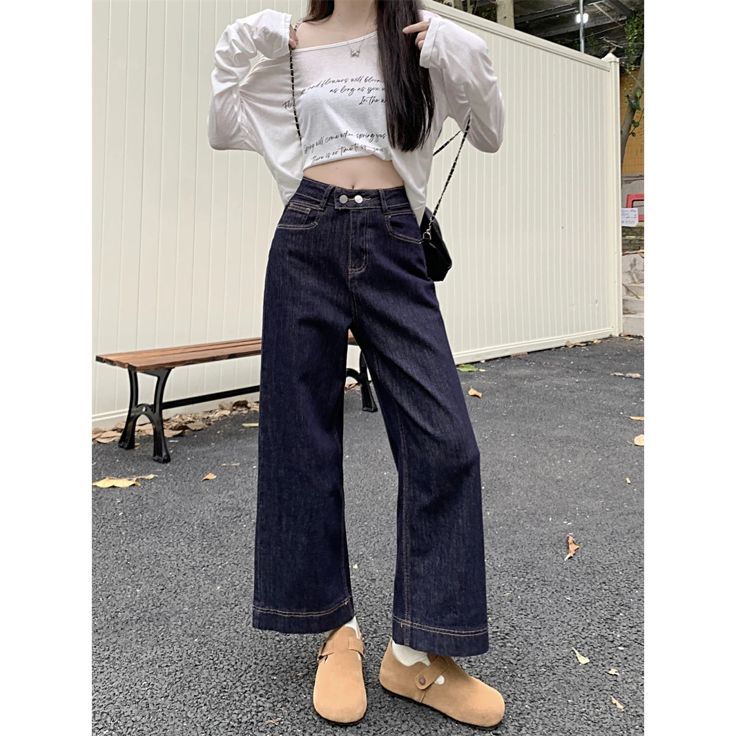 深蓝色直筒牛仔裤女早秋季2025新款爆款宽松阔腿小个子显瘦