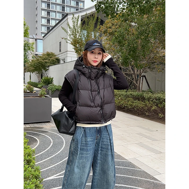 欧货洋气休闲女2024秋冬新款双拉链时尚连帽加厚宽松坎肩马夹外套