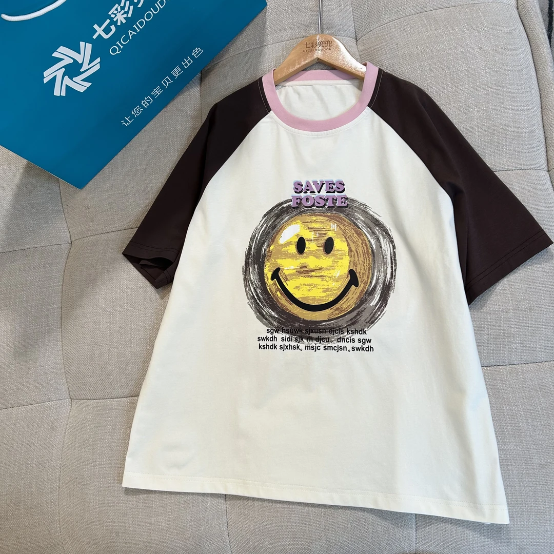 1264女童t恤新款撞色短袖夏季圆领拼接显瘦学生宽松休闲时尚半袖