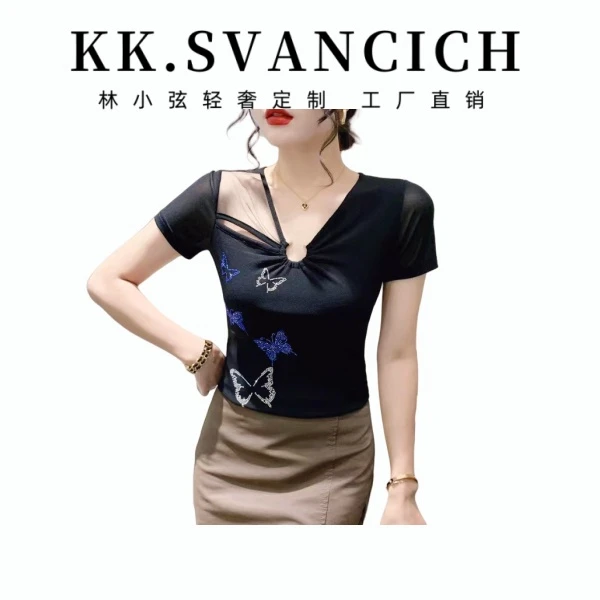 时尚减龄洋气镂空三色网纱上衣女新款设计感烫钻短袖t恤CK603