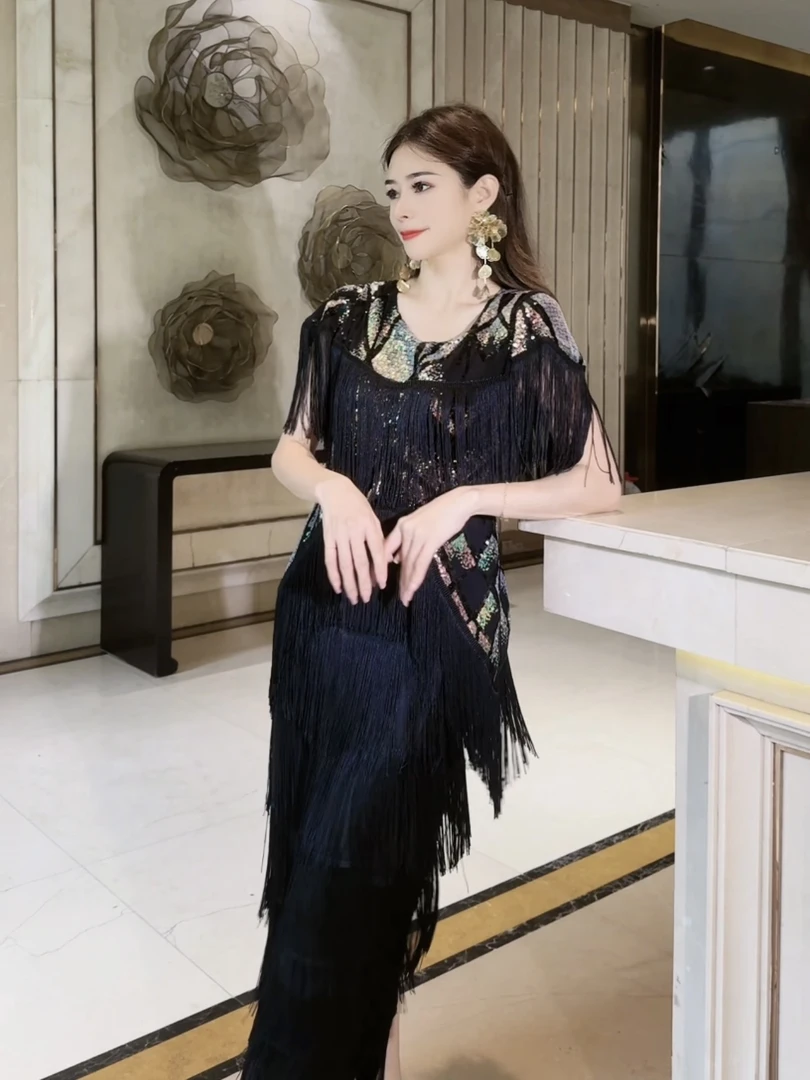 【门店29898】重工流苏日常可穿连衣裙亮片流苏长裙礼服裙宴会裙